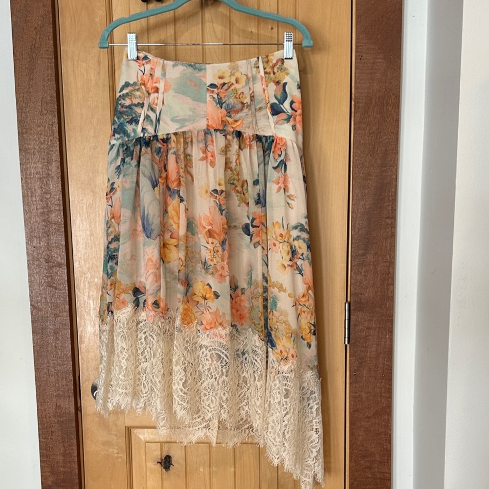 Anthropologie Asymmetrical Floral Skirt with Lace Hem